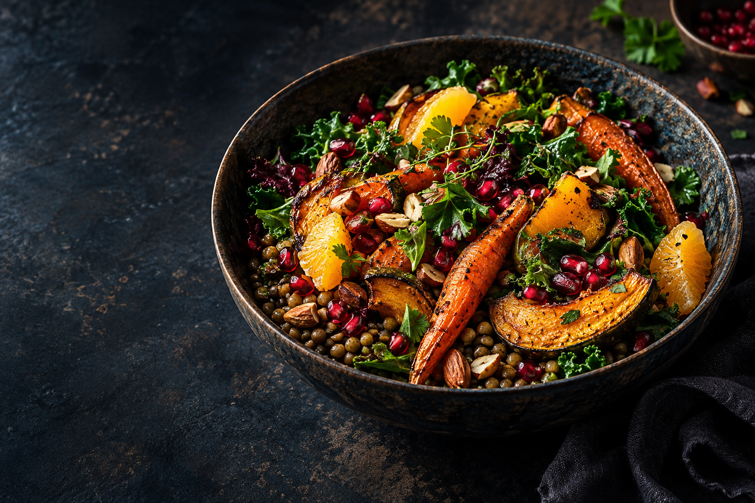 Imagem editorial de prato colorido com vegetais assados, lentilhas, folhas e frutas